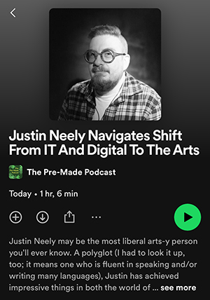 Justin Neely pictured within a Spotify screen showing a summary of an episode of the pre-made podcast